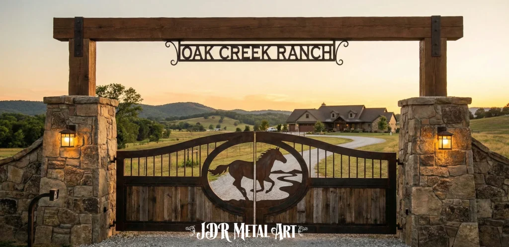 Custom Ranch Gate Idea Custom ranch entrance gate made of timber, stone, and metal at sunset. The gate features a galloping horse cutout and an overhead sign that reads 'OAK CREEK RANCH'.