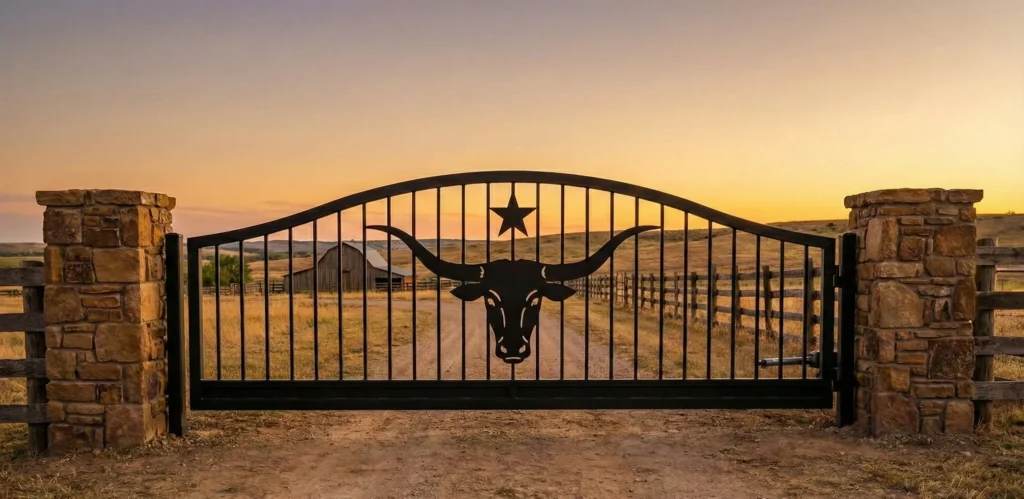 Custom gate for ranch driveway entrance featuring a longhorn steer silhouette and stone pillars at sunset.
