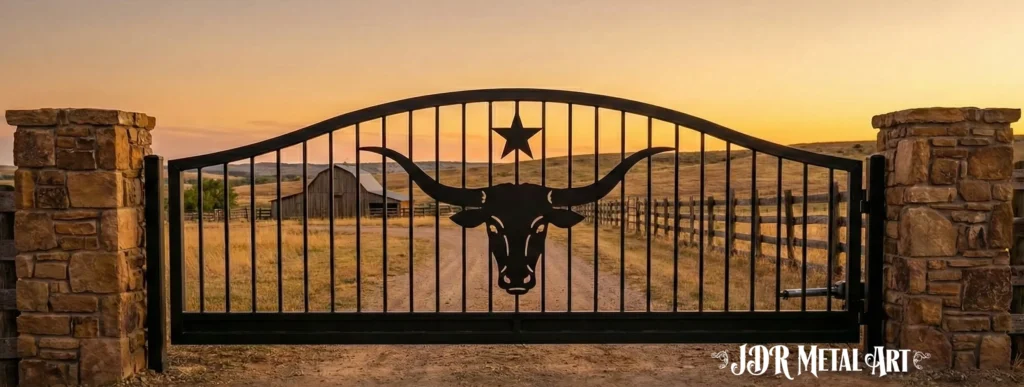 Creative Ranch Gate Ideas for a Stunning Entrance to Your Property 1 Custom plasma cut ranch driveway gate featuring a longhorn steer skull and star design between stone pillars.