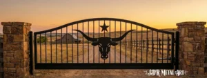 Custom plasma cut ranch driveway gate featuring a longhorn steer skull and star design between stone pillars.