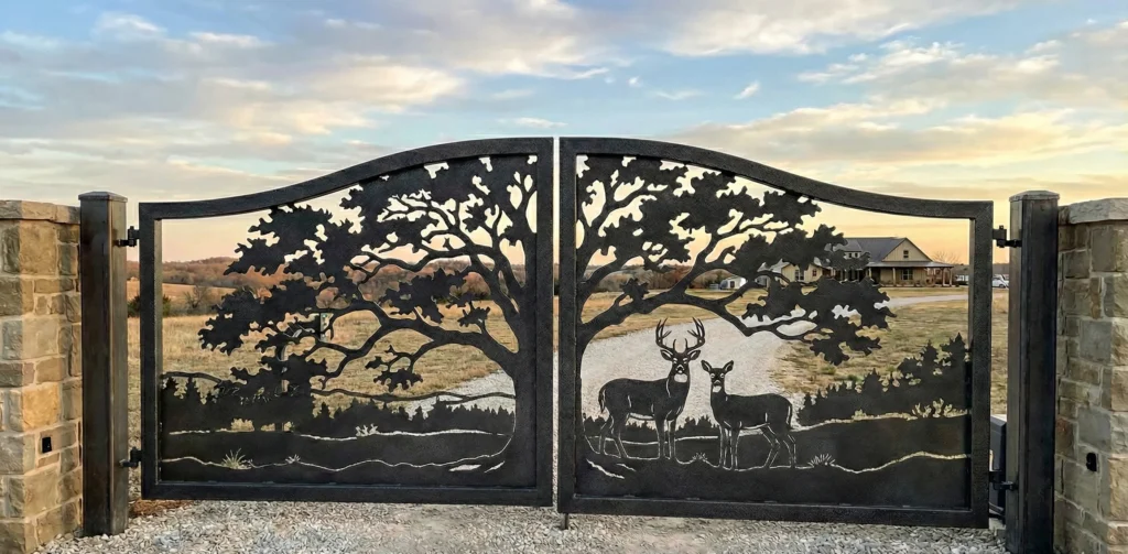 Custom metal driveway gate handcrafted in USA featuring wildlife deer and oak tree design