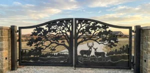 Custom Metal Driveway Gates - Handcrafted Plasma Cut Steel 1 Custom metal driveway gate handcrafted in USA featuring wildlife deer and oak tree design