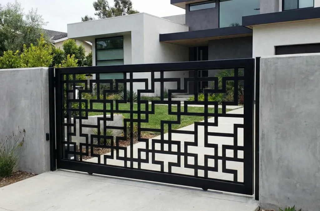 Modern plasma cut metal gate with a geometric pattern at a contemporary home, designed by JDR Metal Art.