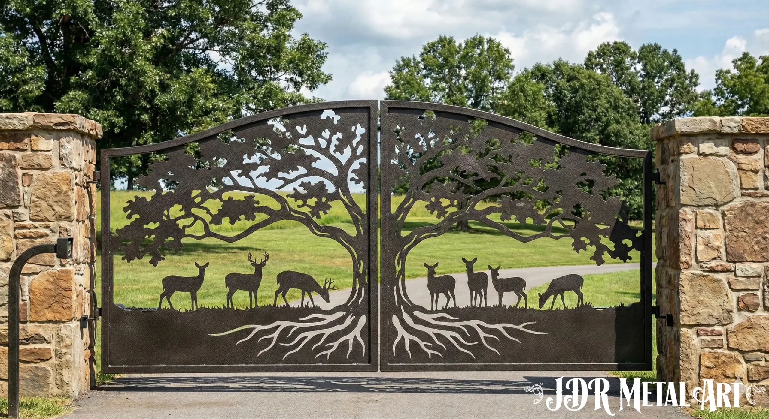 Custom Driveway Gates by JDR Metal Art | 2026 8 Deer Herd Tree Gate