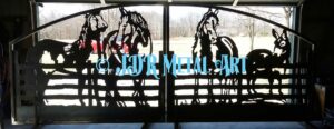 Custom metal horse driveway gate featuring Gypsy Vanner, Friesian, and Donkey design for farm entrance.