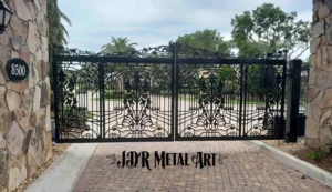Estero Florida Ornamental Estate Gate 1 Custom ornamental aluminum driveway gate with complex scroll design installed in Estero Florida.
