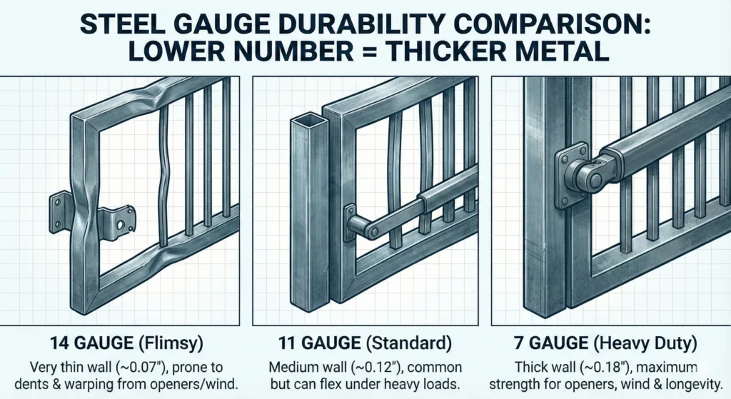 Steel, aluminum and metal gauge comparison chart showing cross sections of 14 gauge, 11 gauge, and heavy duty 7 gauge driveway gate frames
