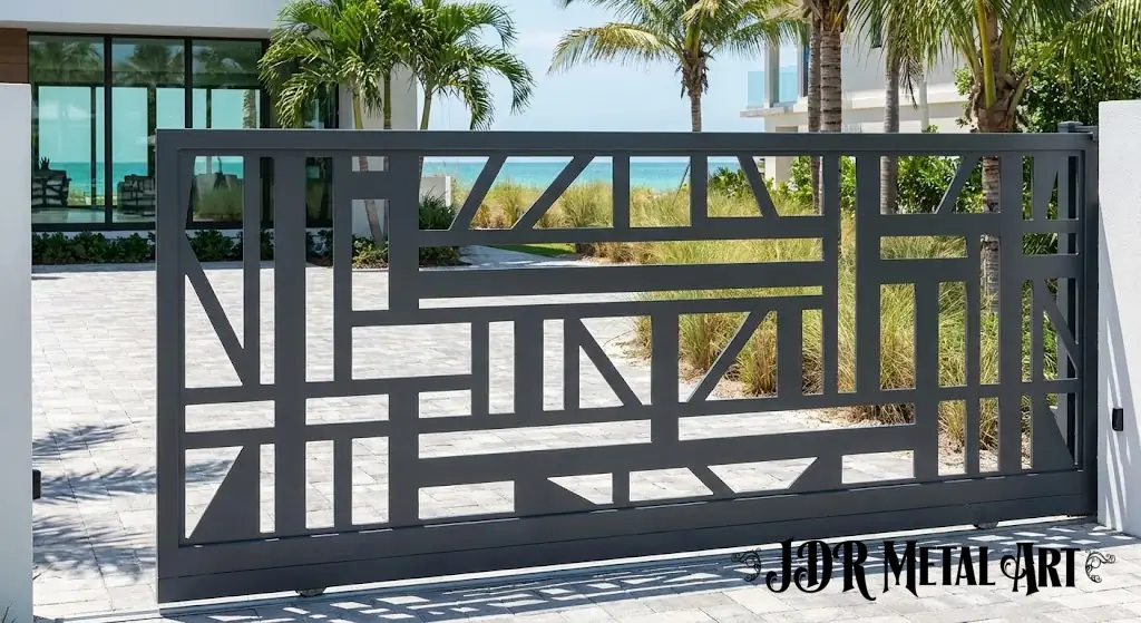 Custom modern aluminum driveway gate with geometric design installed in Naples Florida