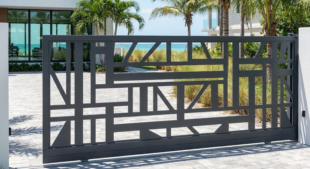Modern geometric aluminum driveway gate installed in Naples Florida.