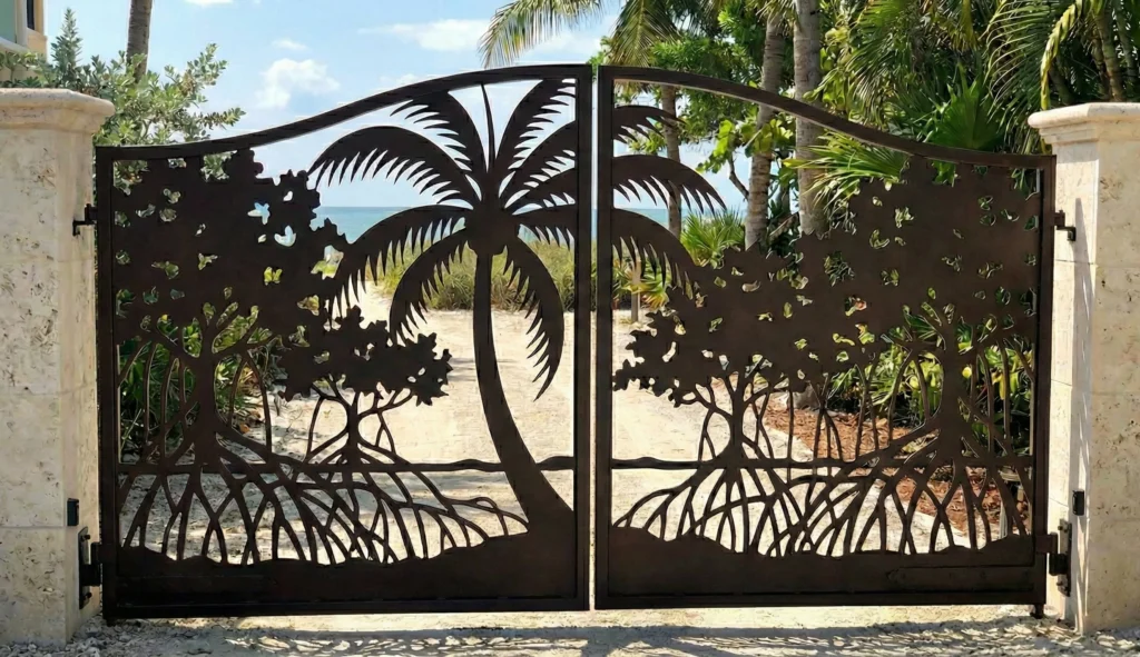 Custom powder coated aluminum gate for driveway installed at a coastal entrance. Features rust-free marine grade alloy and CNC plasma cut design by JDR Metal Art.