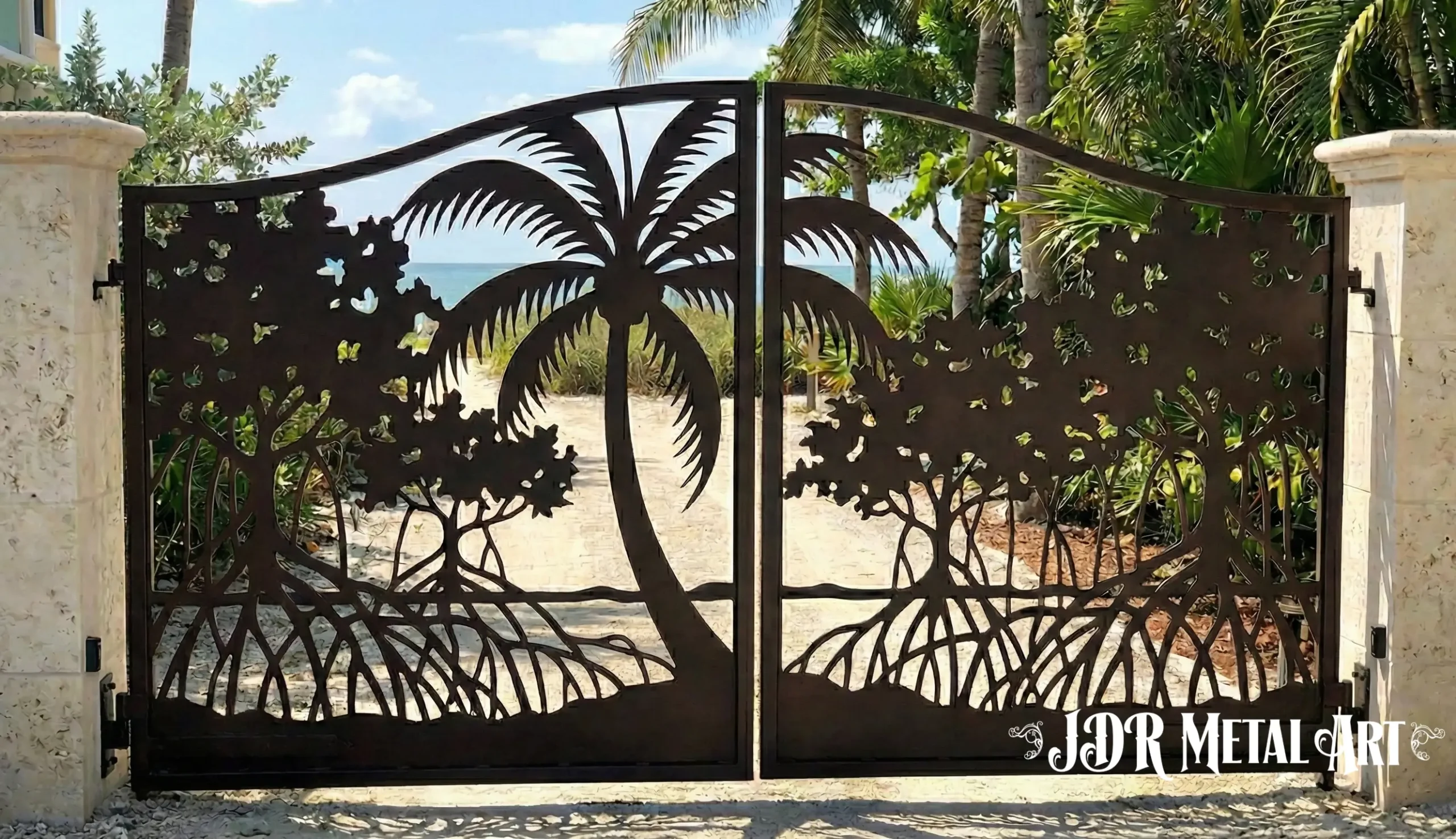 Custom marine grade aluminum driveway gate featuring plasma cut palm tree and mangrove root design