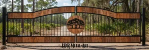 Custom dual-swing driveway gate featuring heavy-duty black aluminum frames with cedar wood inlays and a central plasma-cut tree logo, installed in Bunnell, Florida.