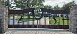 Custom Cedar and Metal Horse Driveway Gate 1 Custom dual swing cedar wood and black metal driveway gate with plasma cut horse silhouettes on a ranch estate.
