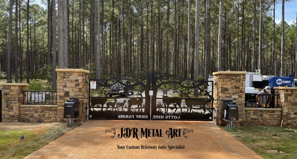 Aluminum Driveway Gates Macon GA | Wildlife & Oak Tree Theme | Artistry Meets Heavy-Duty Security 1 Macon GA custom aluminum driveway gates displaying a deer and oak tree theme, installed at Lotts Hide Away Farms.
