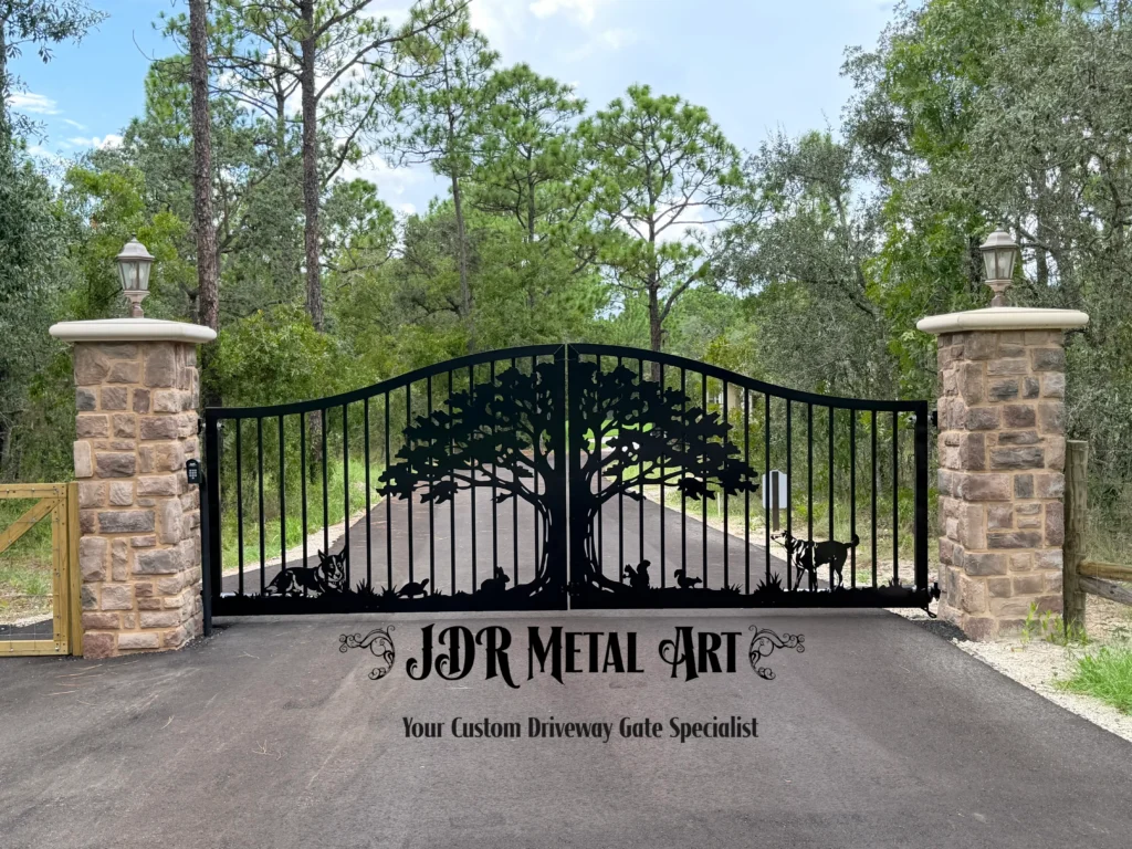 Custom Farm Entrance Gate & Overhead Sign | Atlanta, GA Custom aluminum driveway gate with tree and dog silhouettes installed in Brooksville near Tampa FL.