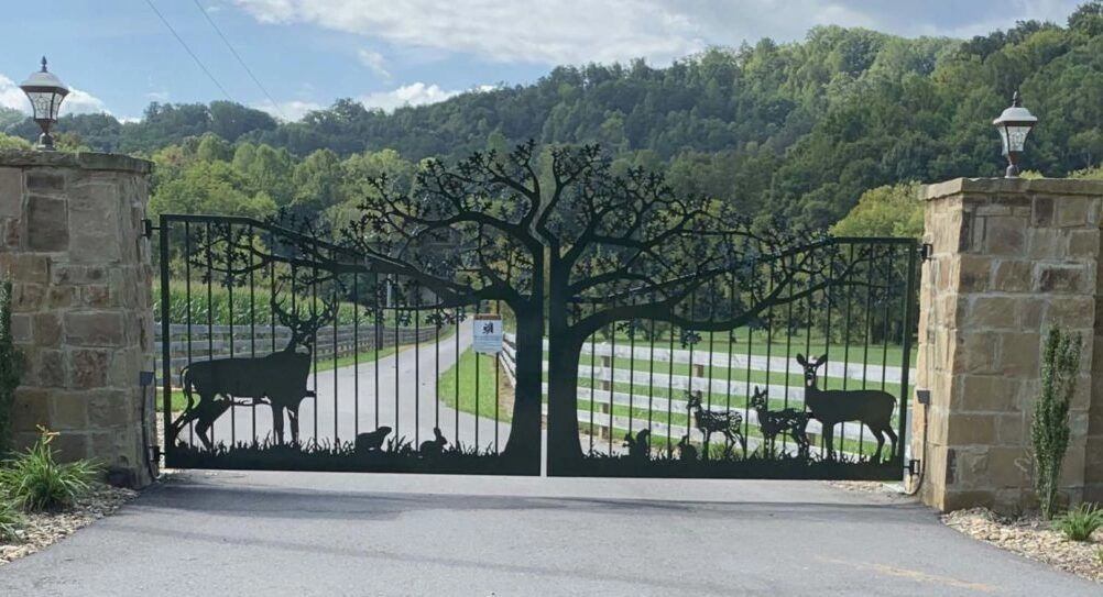 #1 in Custom Driveway Gates - JDR Metal Art | Steel & Aluminum | Home Farm Ranch & Estate 1 Custom driveway gates powder coated and hanging from stone columns