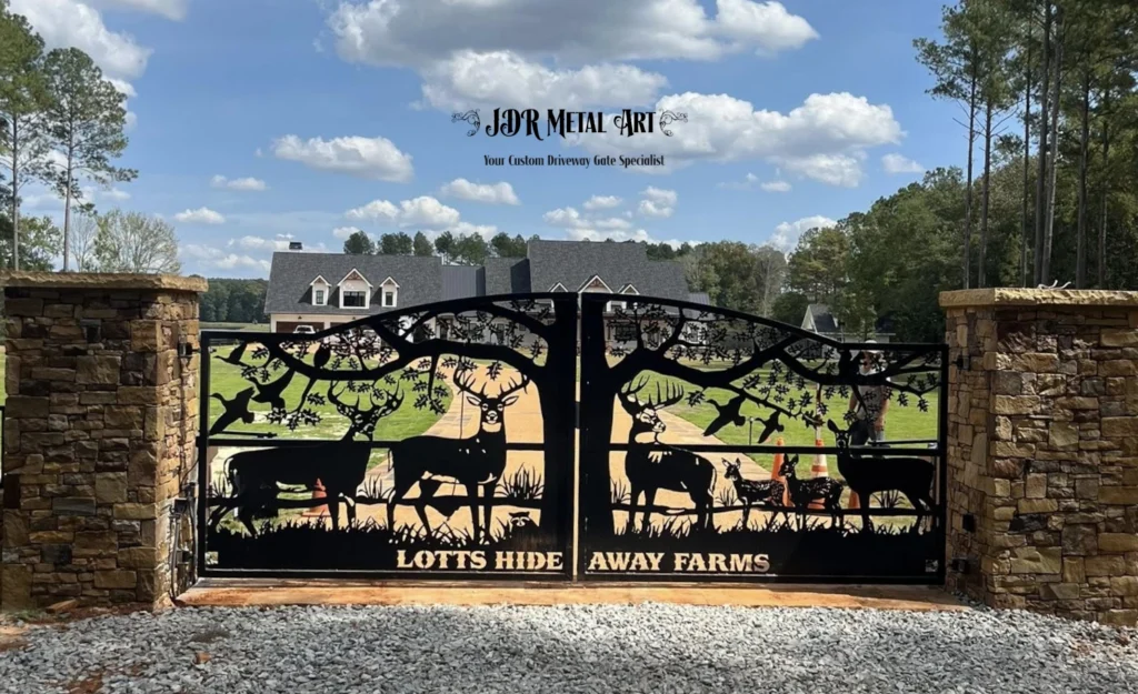 Aluminum Driveway Gates Macon GA | Wildlife & Oak Tree Theme | Artistry Meets Heavy-Duty Security 2 Custom aluminum driveway gates in Macon GA featuring wildlife plasma art, fabricated by JDR Metal Art with dual LiftMaster gate operators.
