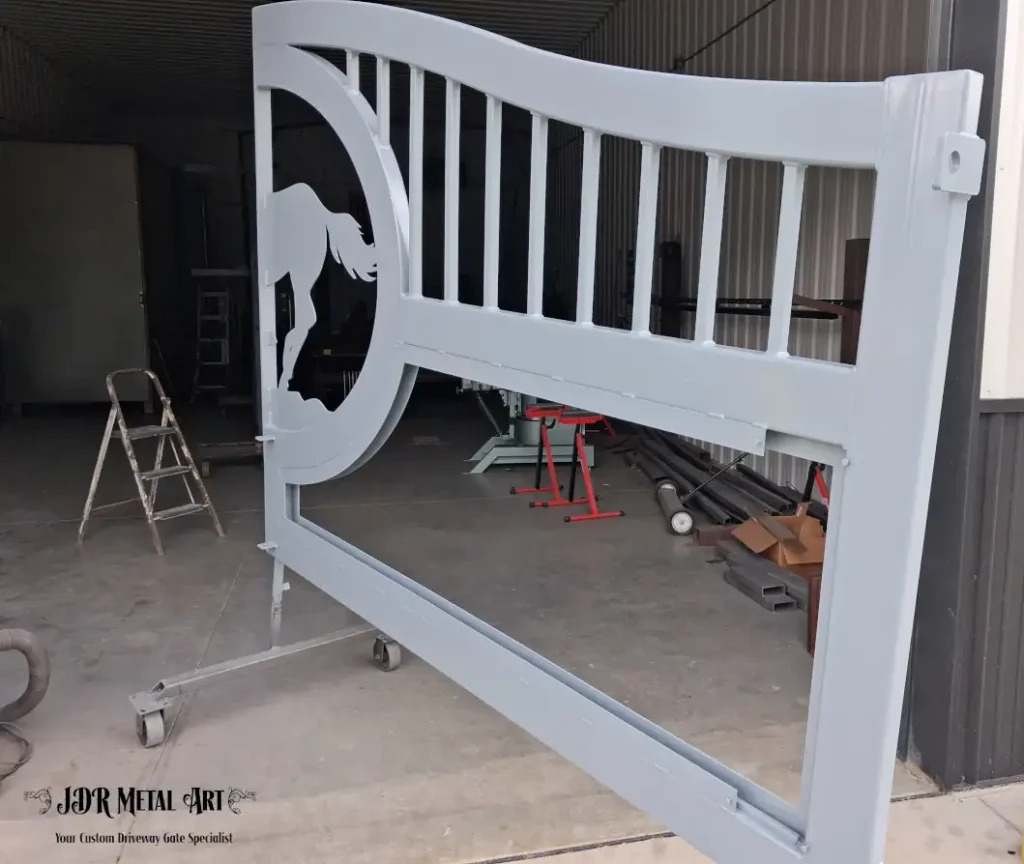 Custom Metal Driveway Gates | Handcrafted in USA | JDR Metal Art 5 Custom metal driveway gate coated in zinc-rich primer before final powder coat, Knoxville, TN property