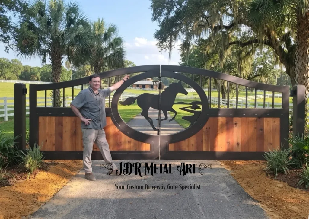 Amazing Ocala Driveway Gates – Custom Aluminum & Cedar Gates by JDR Metal Art - #1 in Custom Design 3 Ocala driveway gates with horse logo for farm entrance with fence in background and the owner of JDR Metal Art standing in front of the gate.