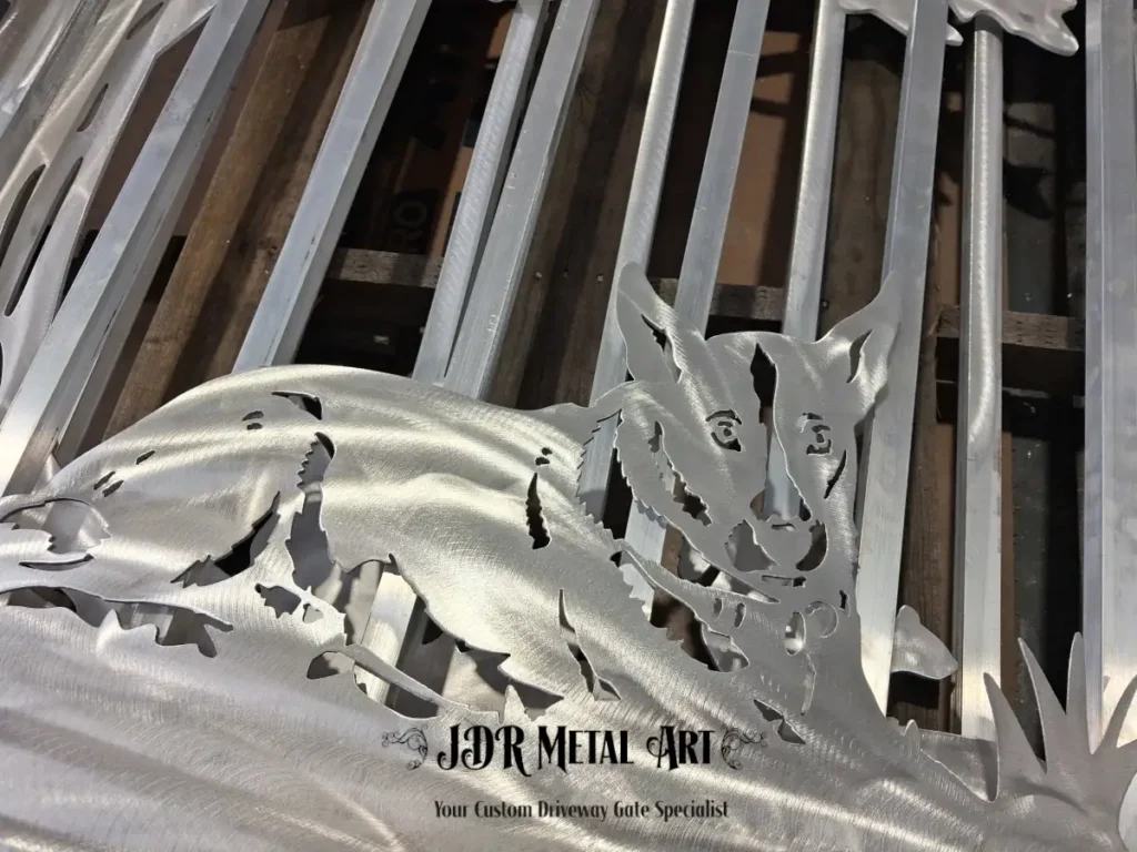 Tampa Bay Custom Aluminum Driveway Gate Fabricator | JDR Metal Art 3 Tampa custom aluminum driveway gate featuring CNC plasma cut dog silhouette artwork